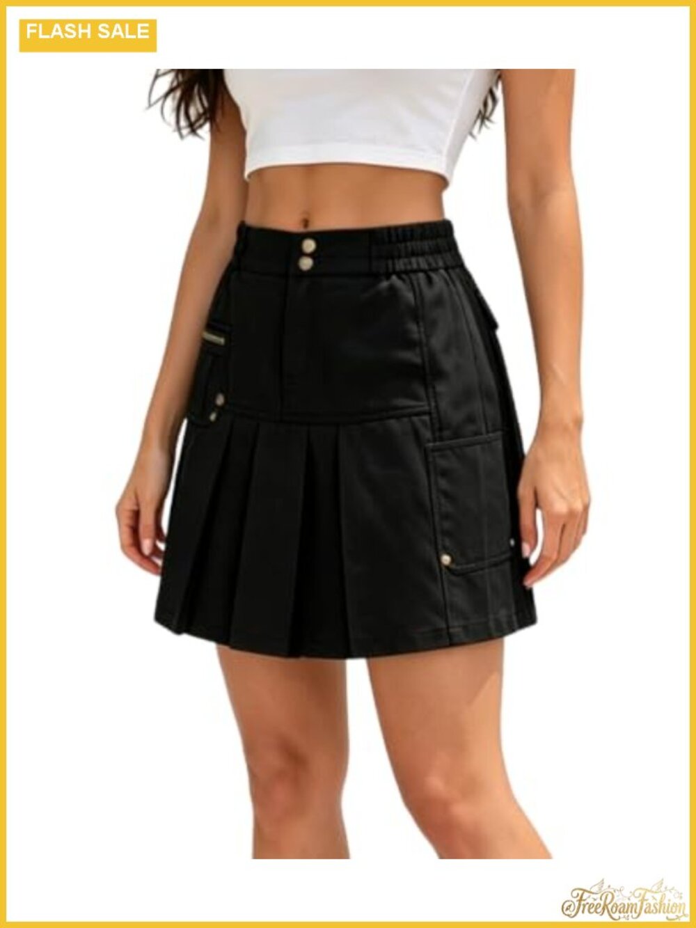 Cargo Pleated Mini Skirt A-Line High Waist Elastic Waist Pockets
